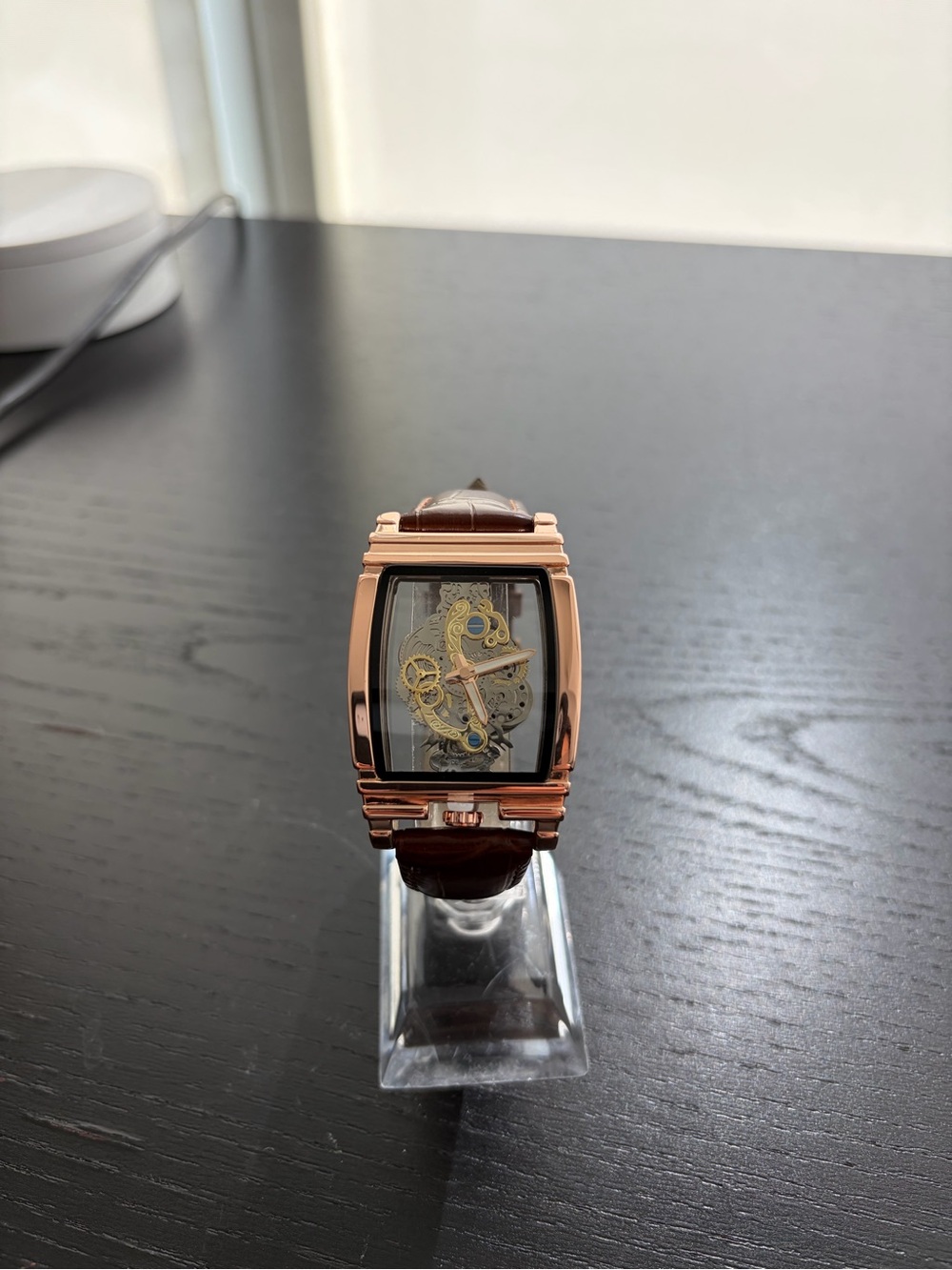 Rose Gold Skeleton Mechanical Watch with Brown Leather Strap